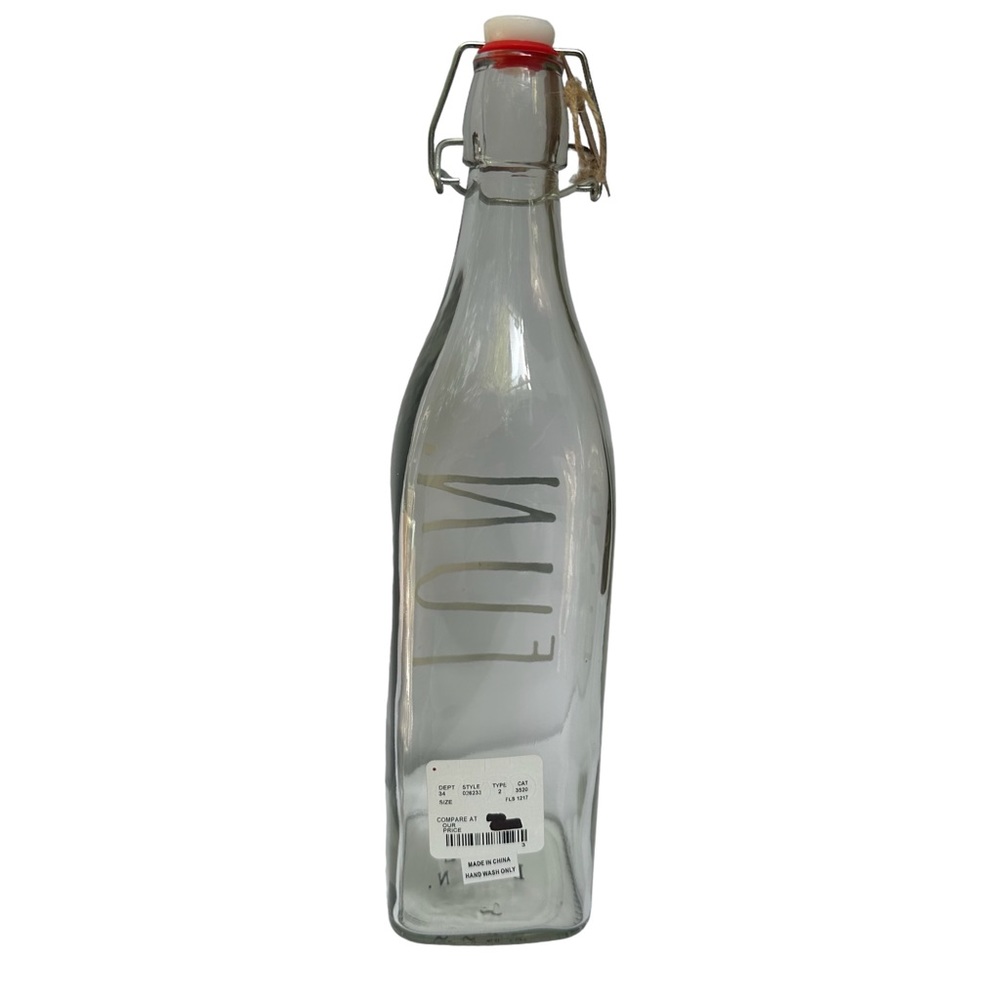 Rae Dunn FUN Clear Glass Bottle Bail & Trigger Closure Gold Letters NWT 2017 OG - Picture 5 of 12